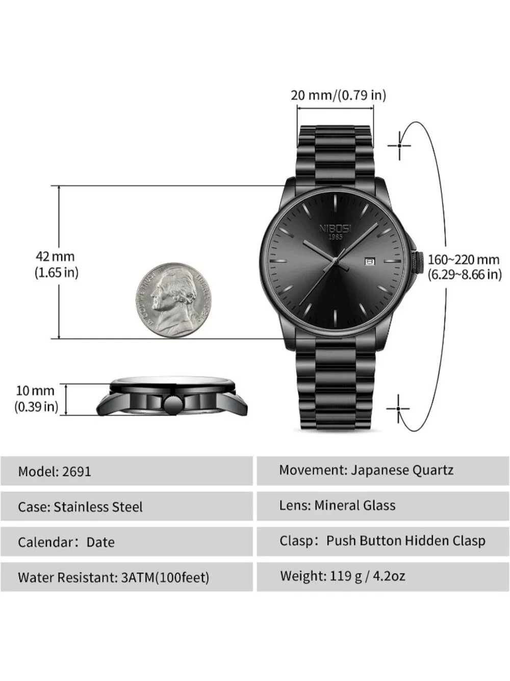 Men's Black Stainless Steel Quartz Waterproof Day Date Casual Dress Wrist Watch